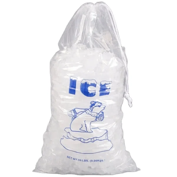 2024 Customizable LDPE Drawstring Ice Pouch Recyclable Plastic Ice Bags with Heat Sealed Handle Valve for Sealing