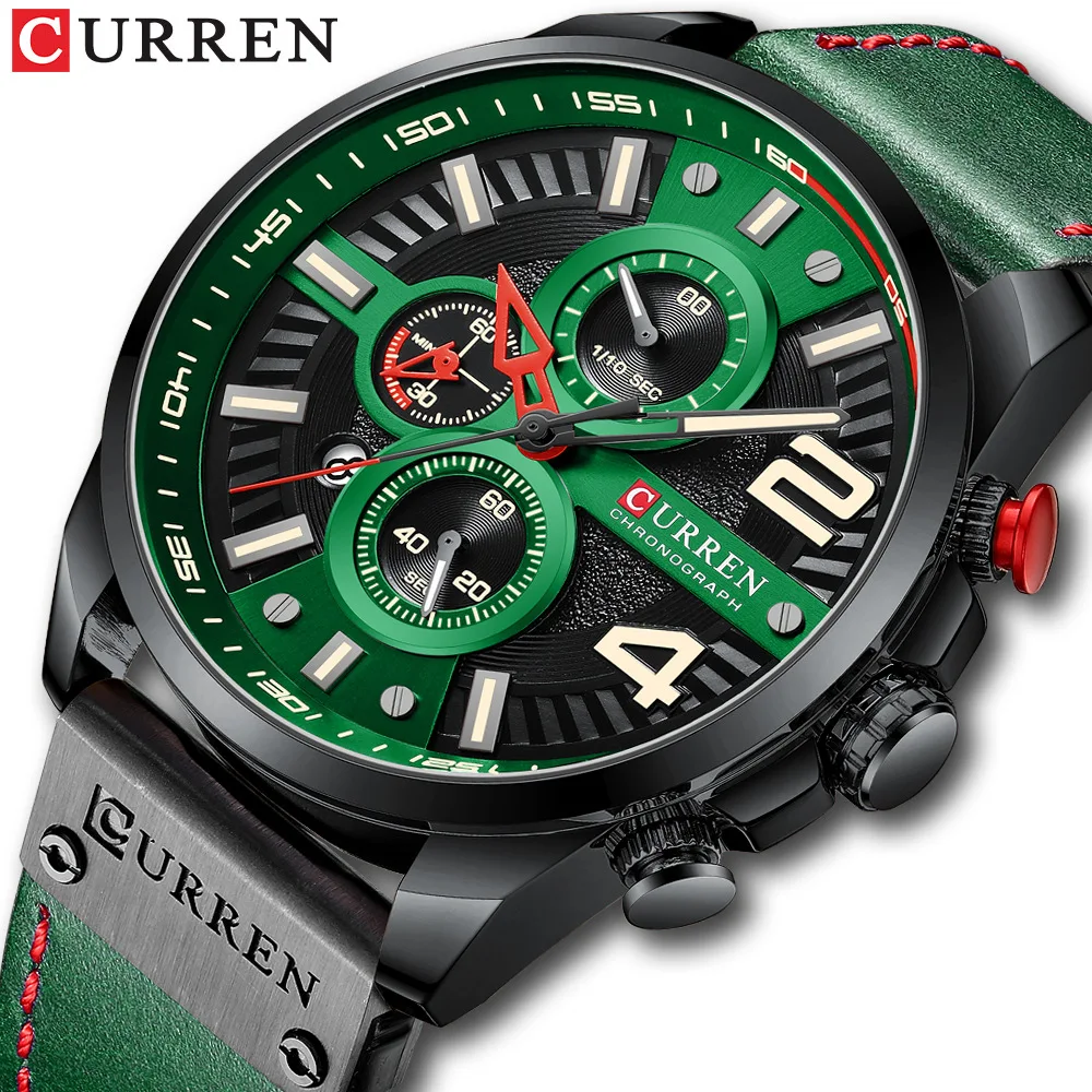 CURREN 8393 Men Casual Watch Date Chronograph 24 Hours Display Leather Strap Quartz Watch