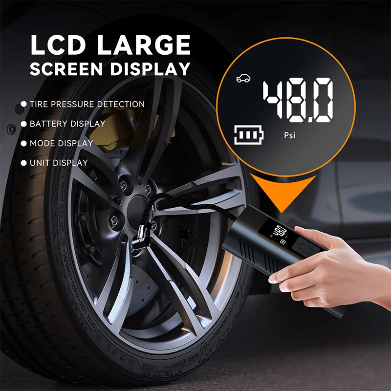 LCD display 6000mAh Battery 12V Wireless inflator Pump Portable Electric Tire Inflator With Nozzle Set For Car, Motor, Bike