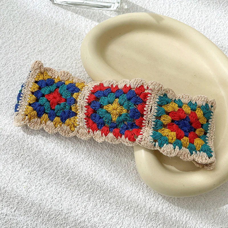 Bohemian Ethnic Style Vintage Fashion Women Girls Stretch  Headband Handmade Crochet Flower Pattern Elastic Sports Yoga Hairband