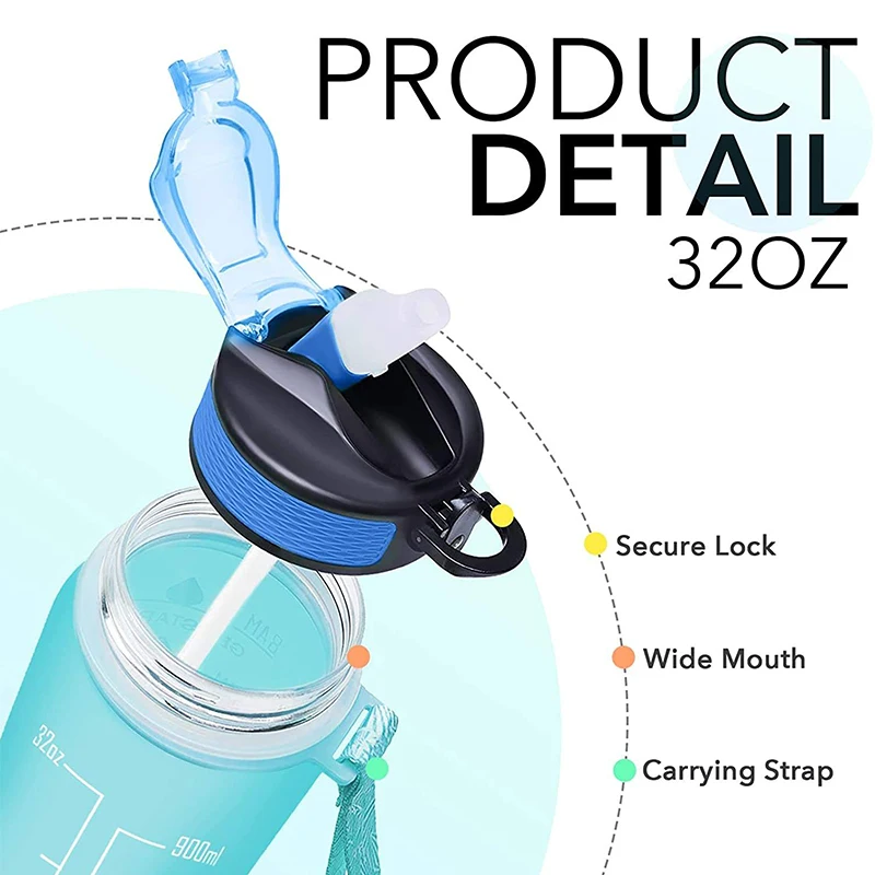 Wholesale 1000Ml 1 Liter Big Motivational Portable Bottle Plastic Water Bottles With Straw Capacity Scale