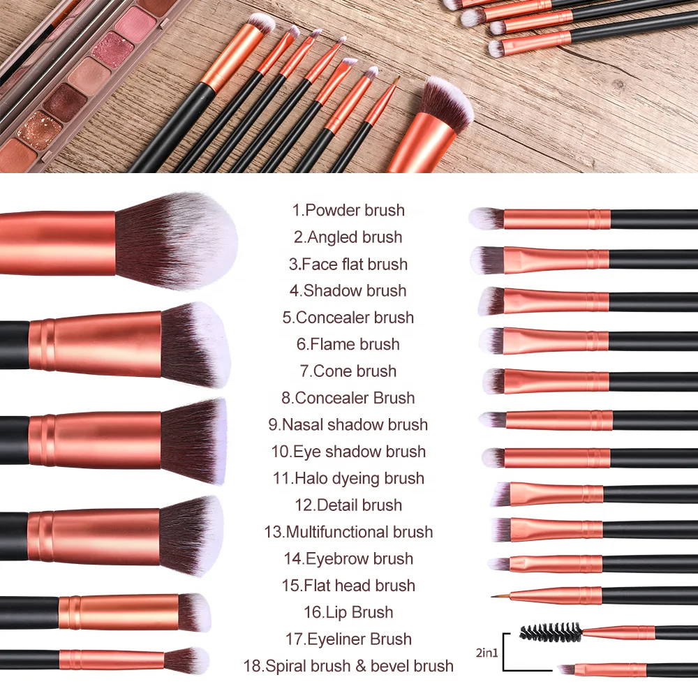 BS-MALL 18PCS Wood Handle Cruelty Free Synthetic Fiber Vegan Makeup Brushes Private Label Custom Packaging