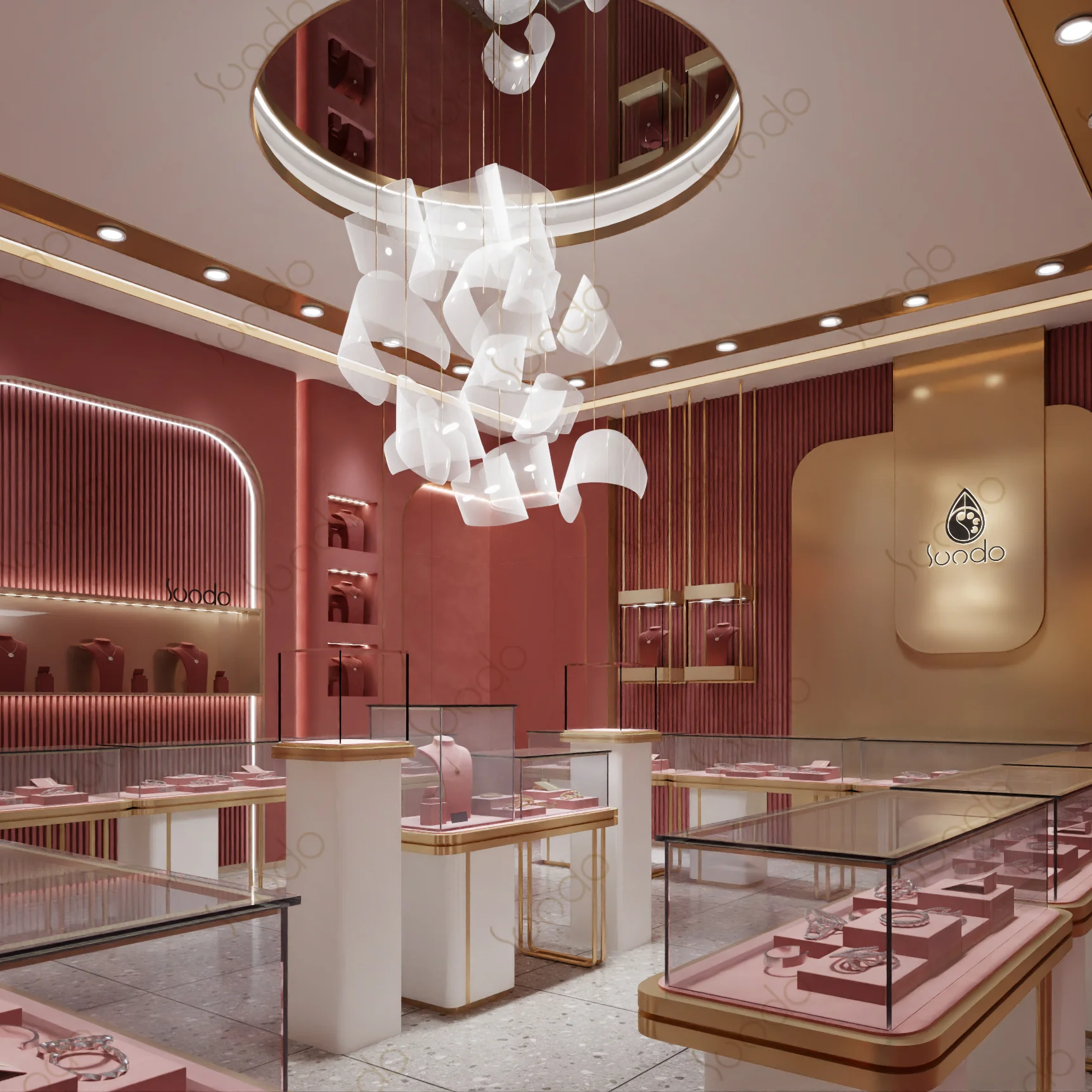 custom material vertical Display Cabinet professional design counter jewelry display pink jewelry shop showcase