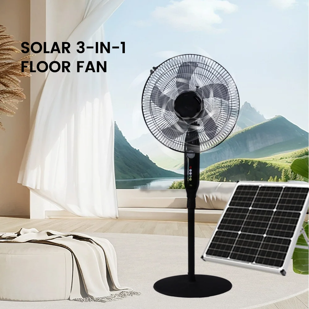Hot High Quality Motor Eco Energy Solar Rechargeable 15W Built-In LED Lighting 3 Speed Solar 3-in-1 Floor Fan