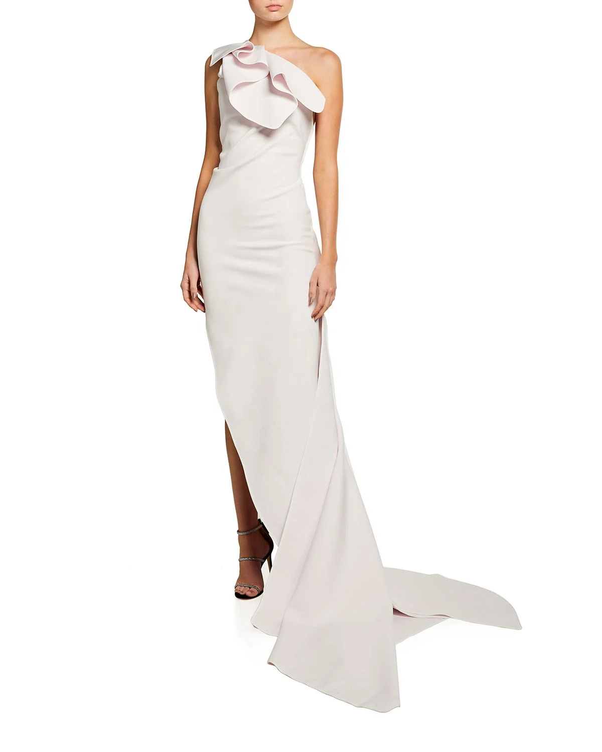 OEM Custom Design Sleeveless Fitted bodice Draped panels Indelible One-Shoulder Column Gown Simple Modest Beige Evening Dress