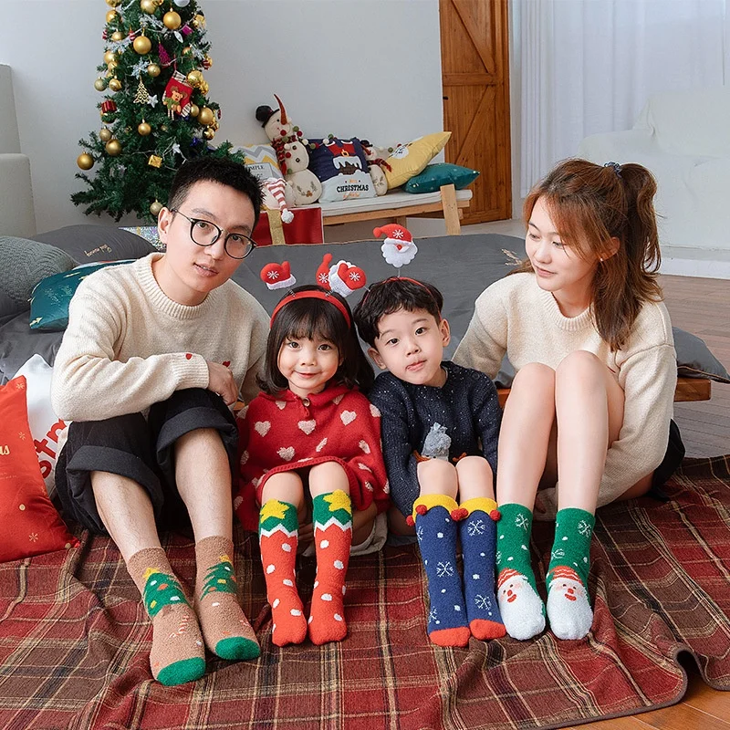 Children & parents coral fleece family socks Christmas themed set 4 pairs kids warm socks