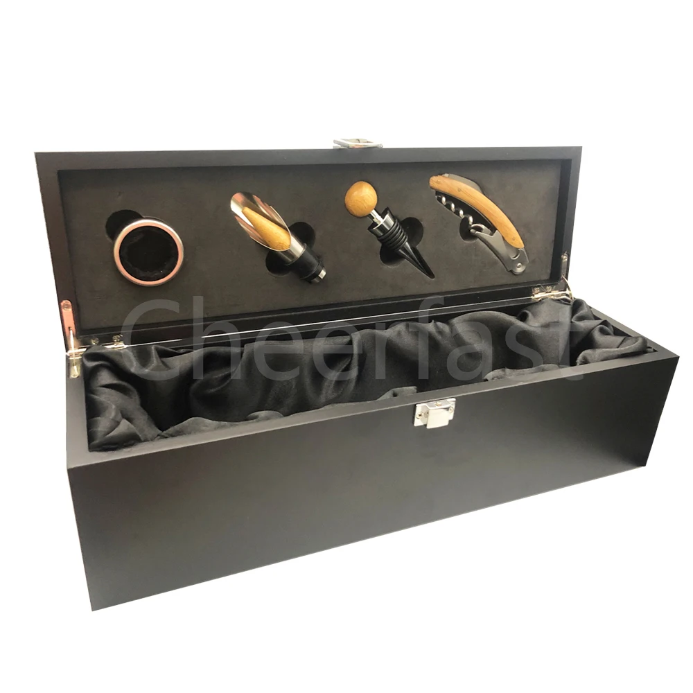 Самая популярная 4 шт. вина инструменты аксессуары и красное вино подарочная упаковка внутри черный MDF деревянная одиночная коробка для бутылки вина