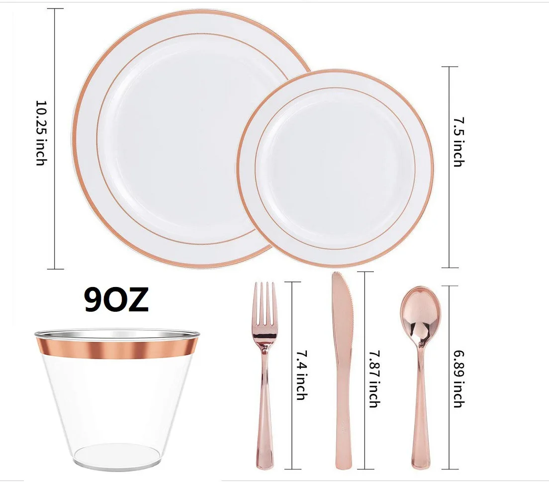 25 sets of export tableware disposable rose gold rim plate wine glass knife fork spoon set plastic fruit plate party