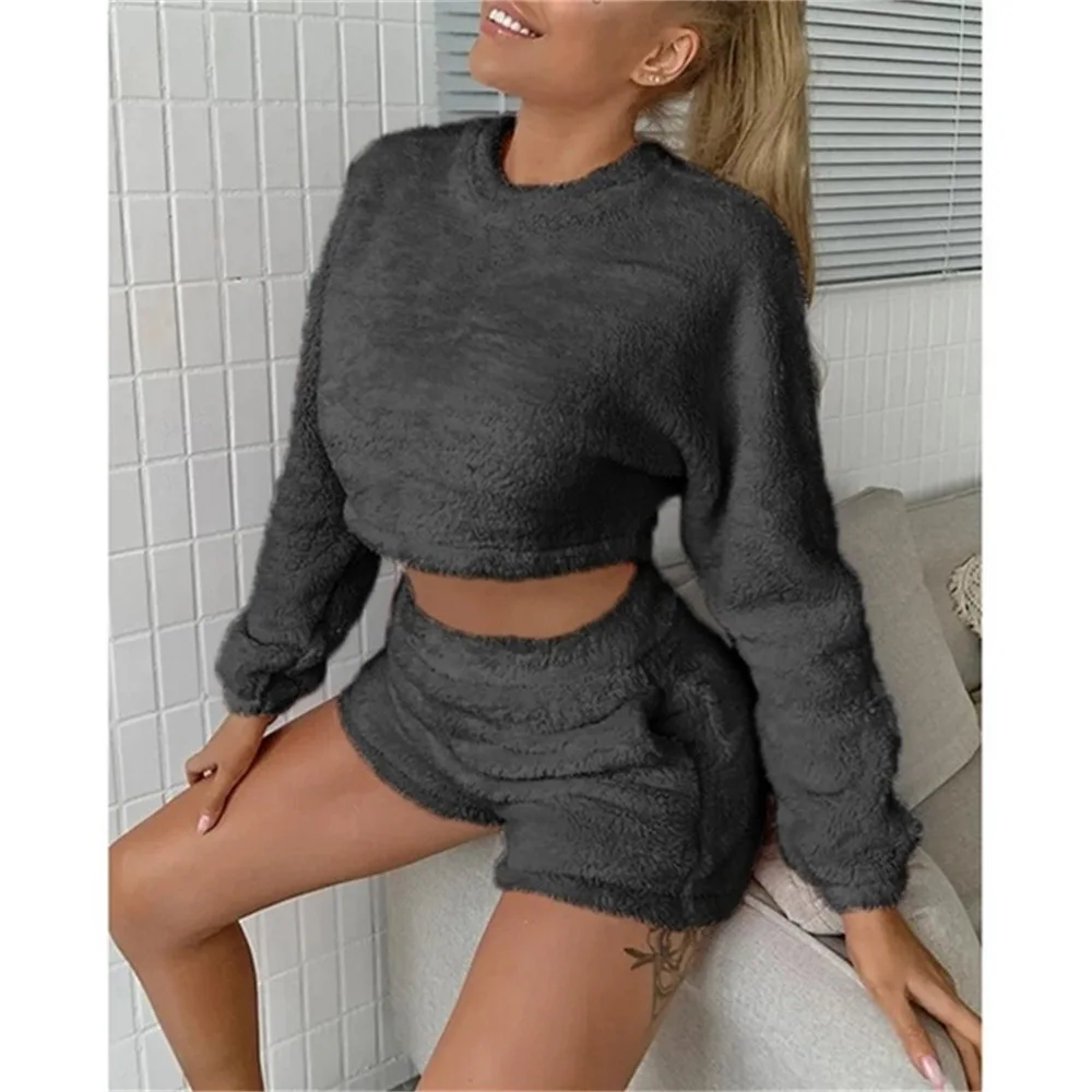Free shipping Hot selling High waist long sleeve shorts rest home leisure coral velvet suit Pajamas shorts set