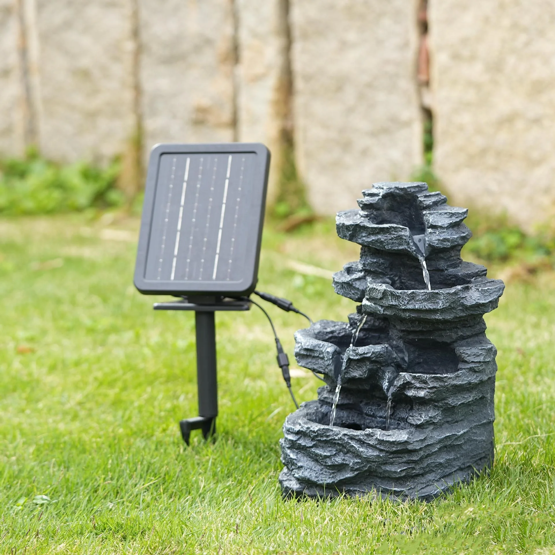 Modern Style Outdoor Polyresin Waterfall Water Fountain with LED Lights Solar Pump All-Season 45-60 Days Support Garden Ornament