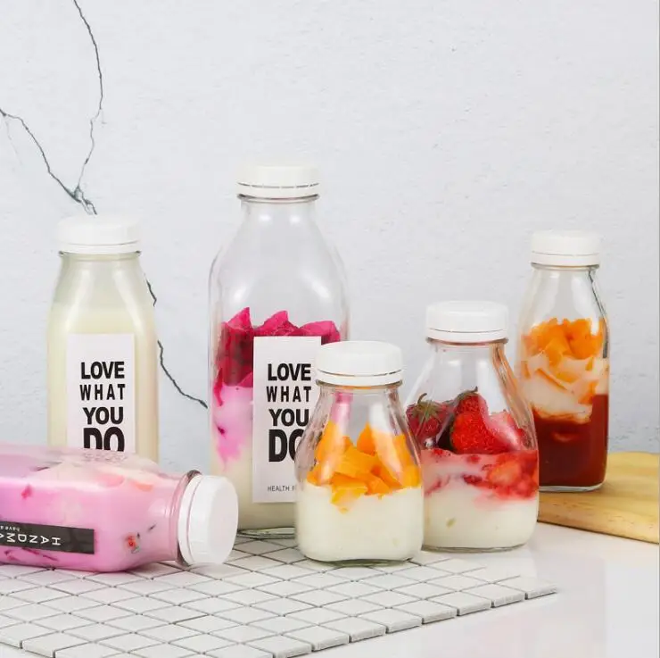 300ml 500ml 1000ml Clear Square Glass tapered Milk Juice Beverage Bottle with Plastic Anti-theft Lid