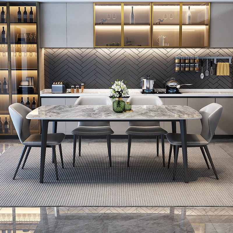 HANYEE Nordic Luxury Modern Home Restaurant Dining Room Furniture Set 4 6 Seater Marble Sintered Stone Top and Metal Leg Base