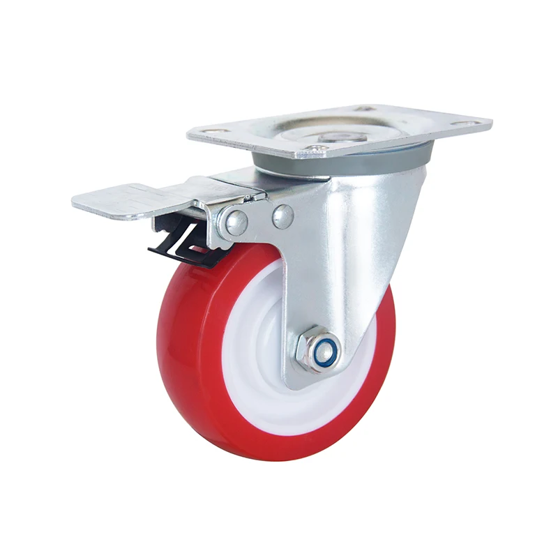 New European Style Casters 3/4/5 Inch  Polyurethane Red PU Wheels Castor Fix /With Brake Type  For Industrial