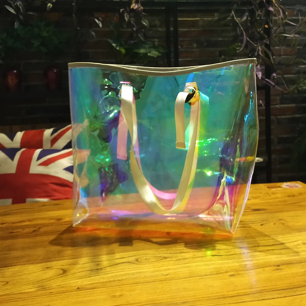 
Hign quality Fashion Iridescent ladies backpack TPU bag waterproof Makeup Wash women Colorful bag 