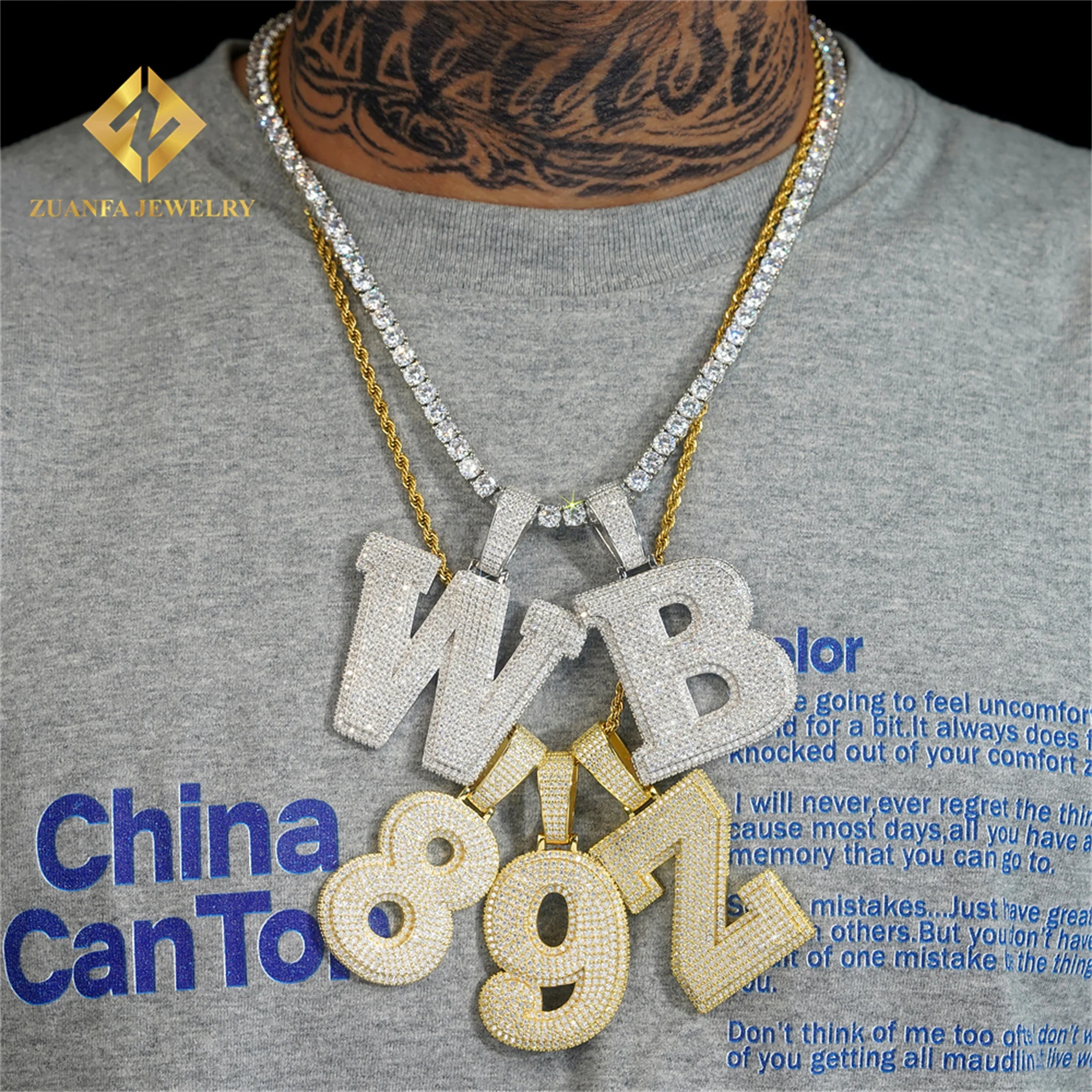 Pass Diamond Tester Hip HopJewelry Drop Shipping 925 Sterling Silver VVS1 Moissanite Diamond Initial Letter Pendant Necklace Men