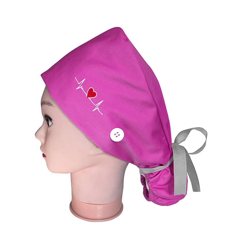 Best Quality Solid Color Satin Embroidered Hat For Long Short Hair Vets Nurse Doctor Surgical Scrub Caps With Bow Tie
