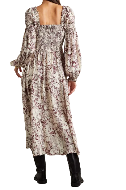 Winter bangkok korean designer Square neck pocket shirred printed silk charmeuse midi dress