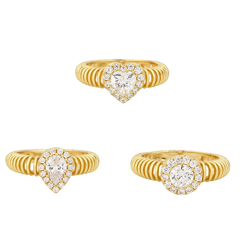 925 Silver Gold Plated Ribbed Bellows Design Ring With Halo Zircon Gemstone Heart Pear Oval