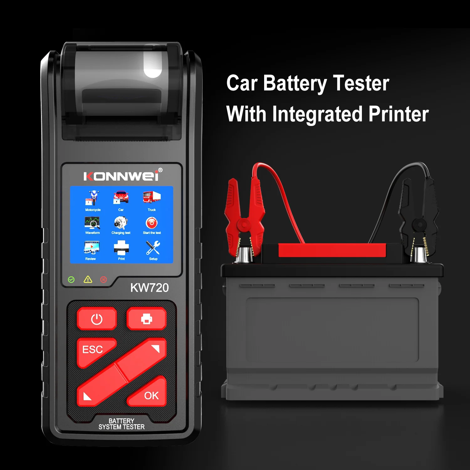 KONNWEI Factory KW720 6V 12V 24V Digital Battery Tester CCA SOH Analyzer with Printer for workshops