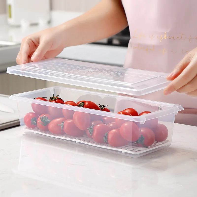 Household rectangle flat fish fruit fresh storage box kitchen organizer transparent plastic refrigerator food container