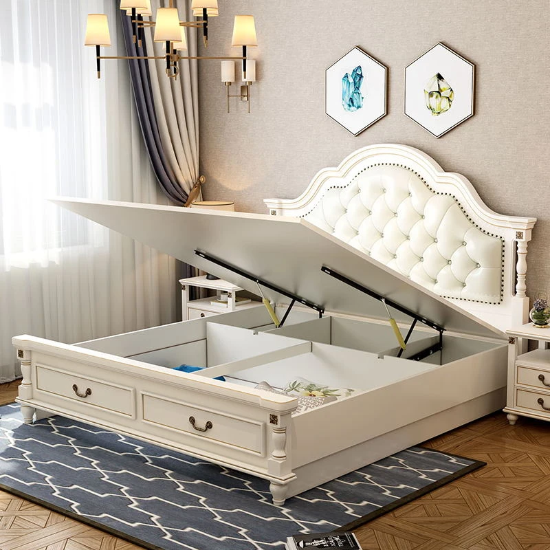 American Style Solid Wood High Box Storage Light Luxury Carved Bed Head Bedroom Furniture Set Double Bed