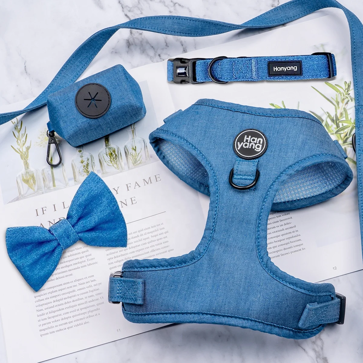 Free Samples Pet Products Custom Denim Adjustable Dog Harness Denim Collar and Leash Dog Harness Set With Poop Bag Holder