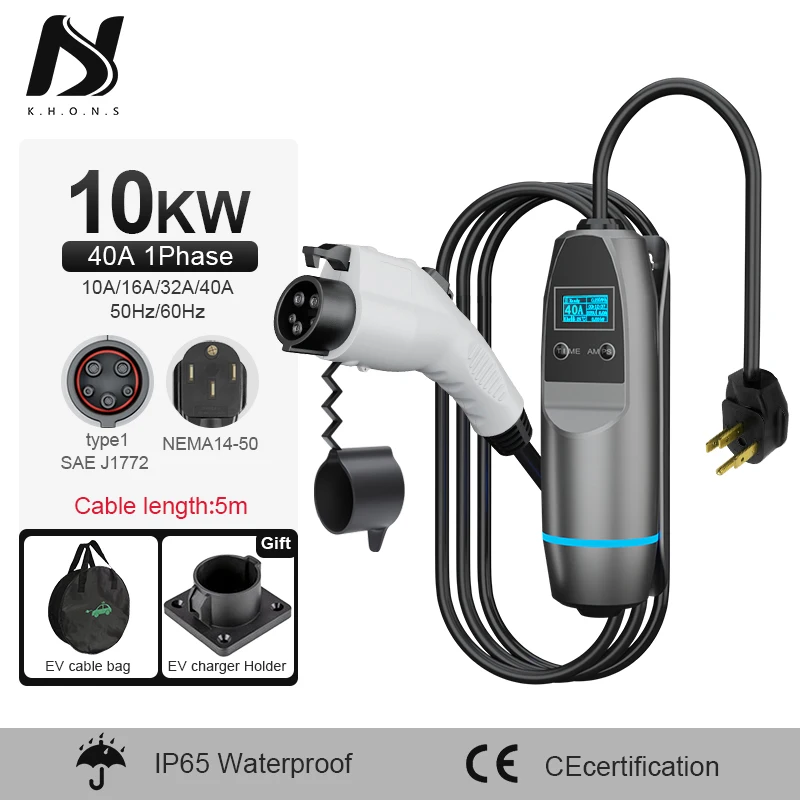 KHONS Level 1 EV Charger 3.3kw 3.5kw 7kw 16A SAE J1772 IEC type 1 Portable EV Charging Gun Adjustable Controller wallbox