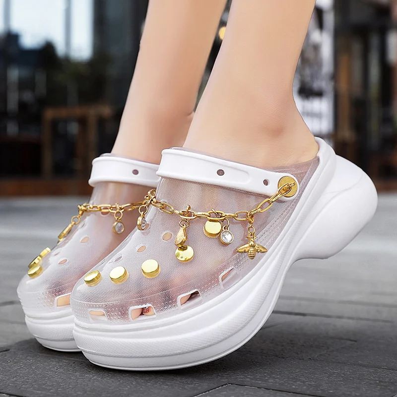 2021 Summer Womens Pink Blue Clear Clogs Jelly Transparent Sandals Diamond Bling Crogs Garden Clog Luxury Trendy Ladies Shoees