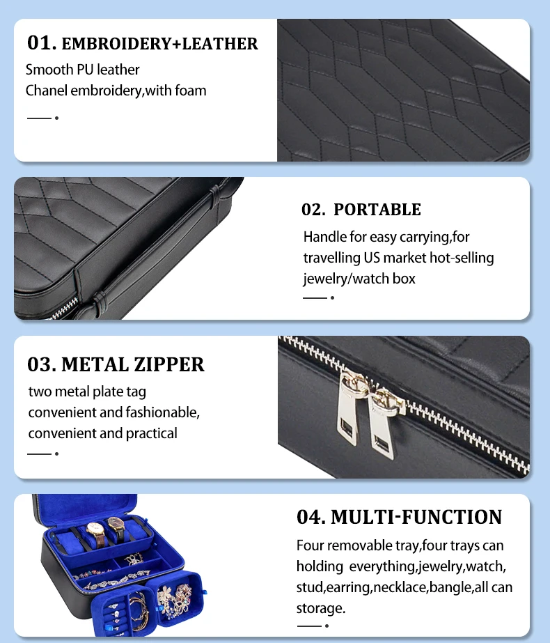 Custom Logo Leather Jewelry Sunglasses Gift Case With Zipper Portable Cheap Luxury Big Style Bangle Watch Storage Box