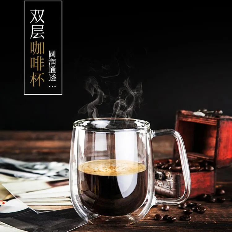 glass double wall glass cup coffee mug with handle