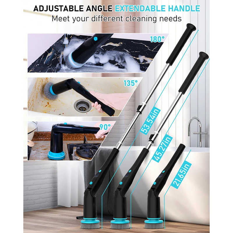 7 in 1 Waterproof Electric Cleaning Brush Cordless Shower Scrubber with Adjustable Handle Dual Speed for Cleaning Bathroom