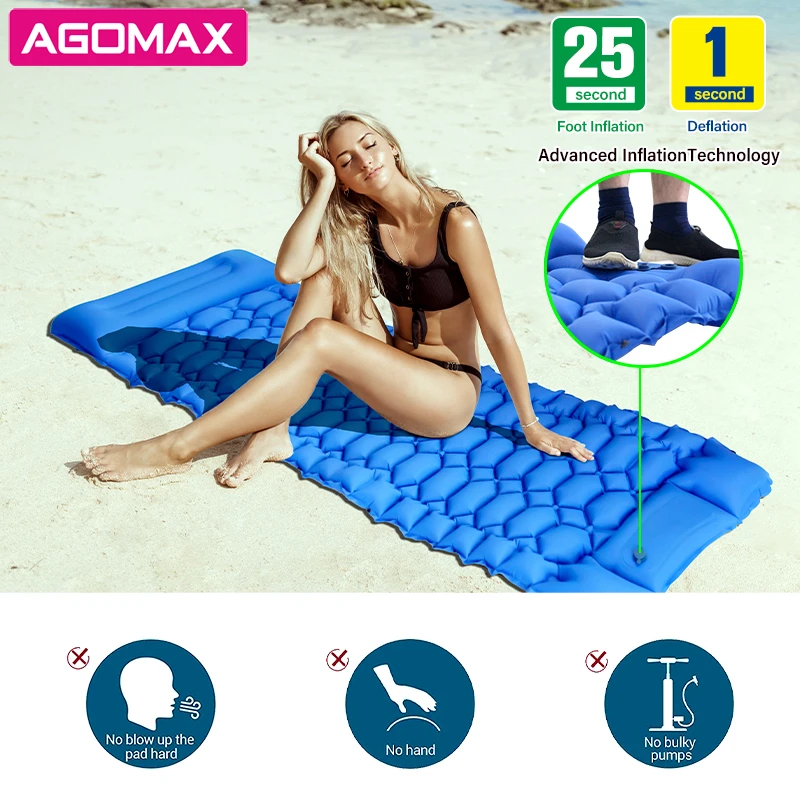 Camping Sleeping Pad Self Inflating Camping mat Foot Press Inflatable Pad Air Mattress with Pillow for Backpacking