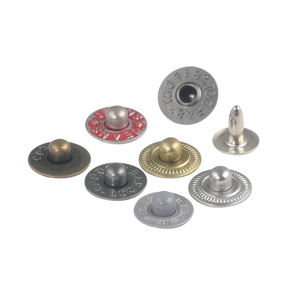 Китайский производитель, заклепки с гравировкой логотипа на заказ, 9 мм, 9,5 мм, металлические заклепки разных цветов с металлическим покрытием для джинсов, брюк, сумок, обуви