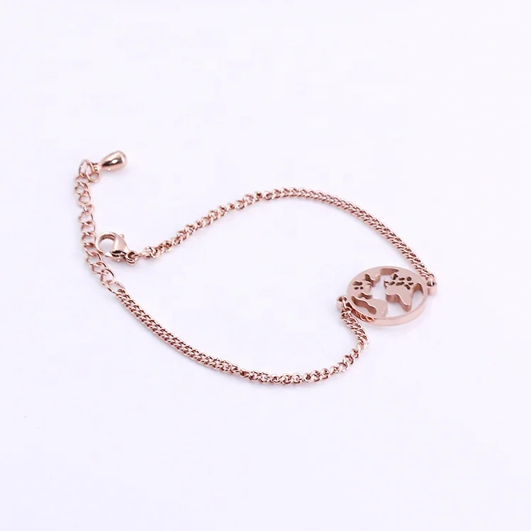 Custom wholesale fashion jewelry hollow world map design stainless steel rose gold plated adjustable chain bracelet for women