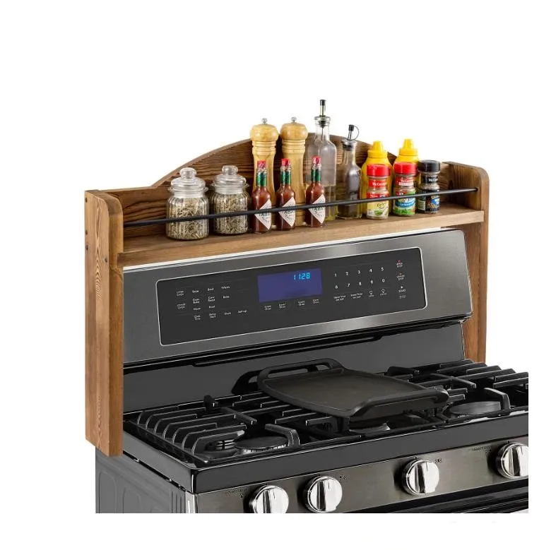 Стойка для специй в деревенском стиле из цельного дерева и промышленного черного металла, экономия пространства над полкой для хранения плиты