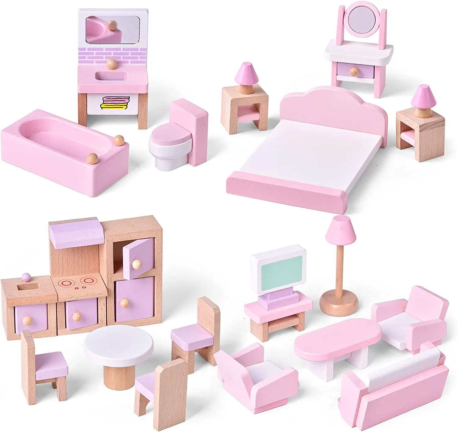 4-piece set of wooden doll house furniture 22 toy house accessories pink wooden toys