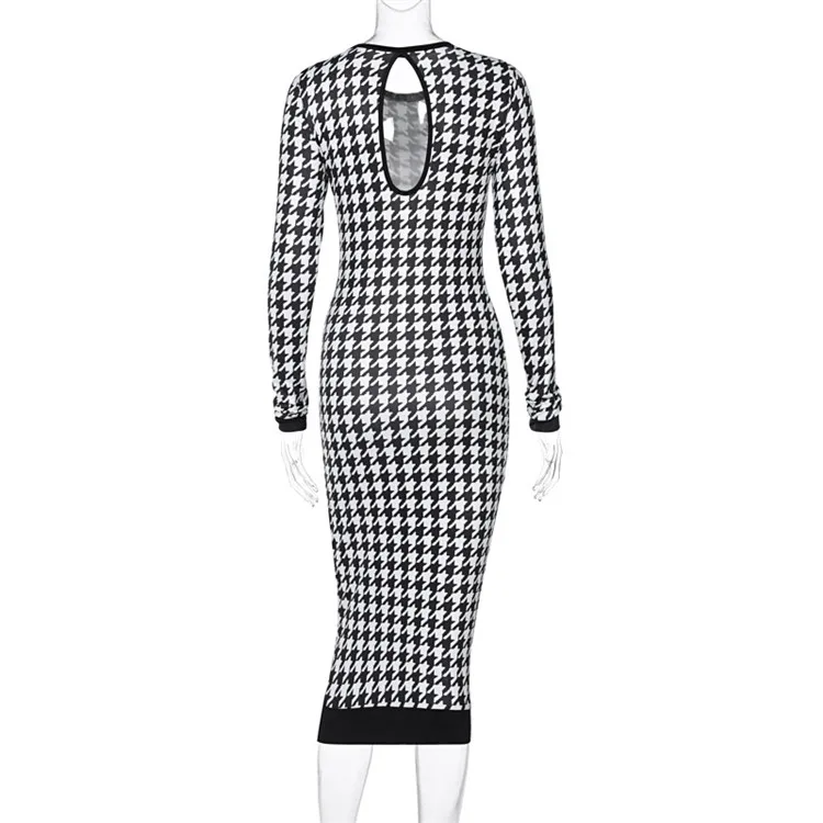 Wholesale fall winter ladies slim long sleeve round neck back hollow backless Nipped Waists print houndstooth women dress