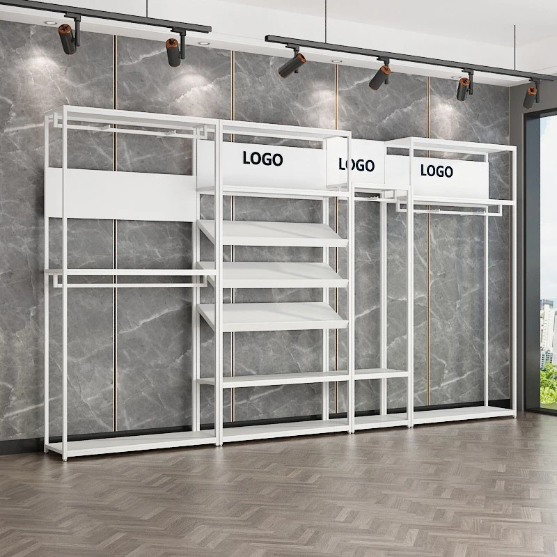 Custom LOGO Fashion Boutique White Metal Garment Display Stand Shoe Bag Shelves Retail Store Free Standing Clothing Display Rack