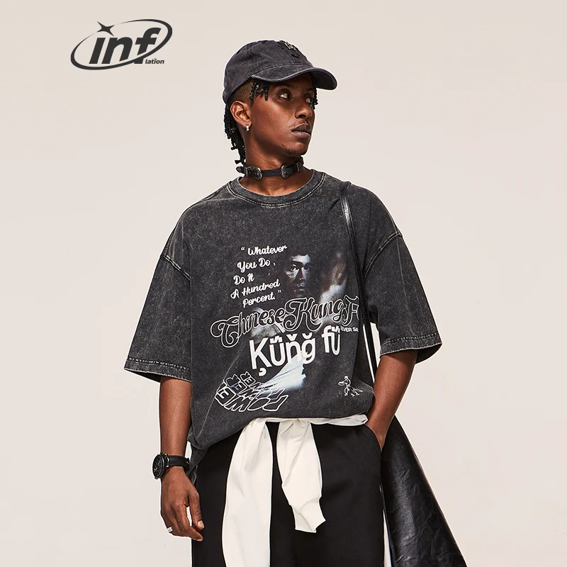 INFLATION Washing Lee Kongfu Printed Tshirt Heavyweight Custom Oversize Men Street T-shirt