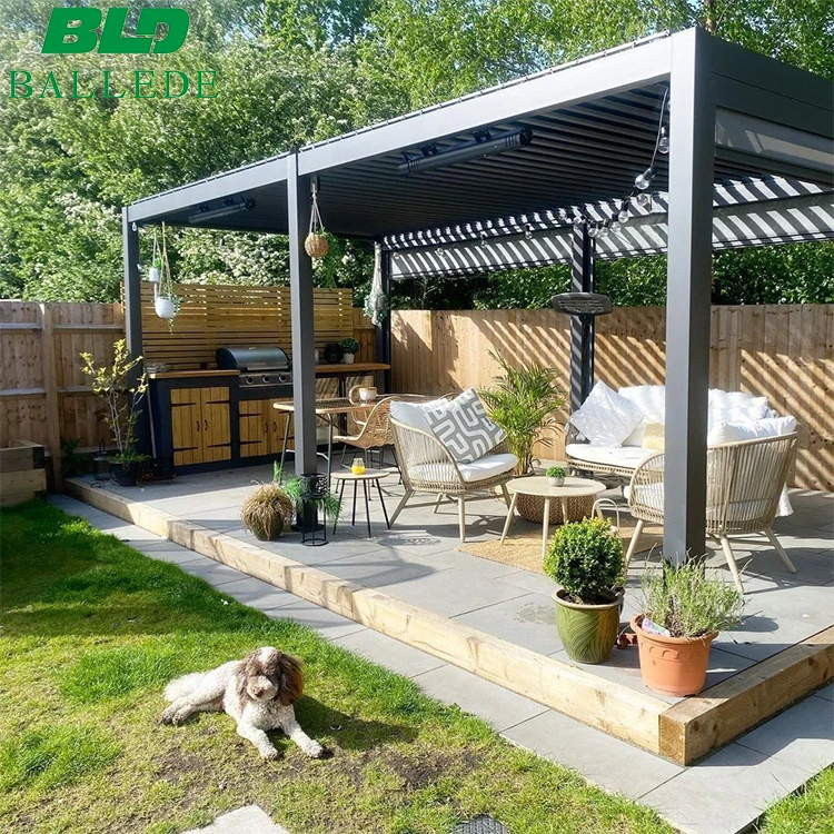 12ft. x 19 ft. Gray Aluminum Modern Louvered Pergola Hardtop Gazebo with Adjustable Sunshade Rainproof Roof and Light String