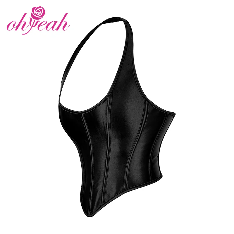Shop new style mature women black satin halter 13 pieces plastic bones sexy vintage corset vest