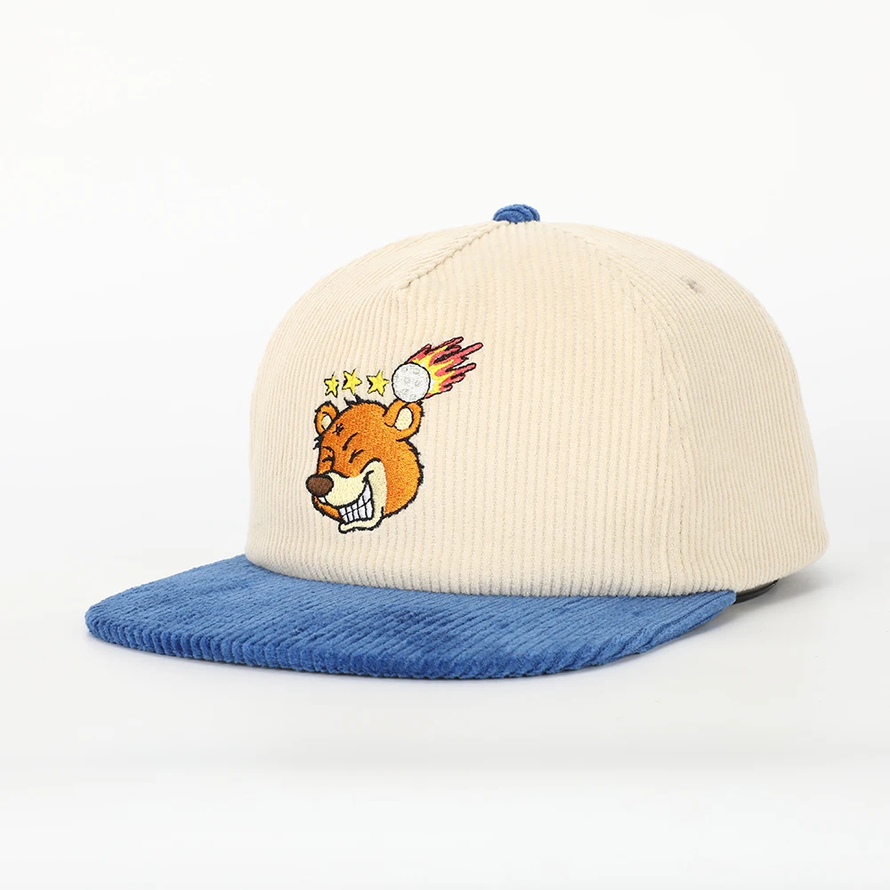 BSCI Oem Custom Men Women High Quality 5 Panel Unstructured Embroidery Logo Cap Flat Bill Gorras Corduroy Snapback Hats