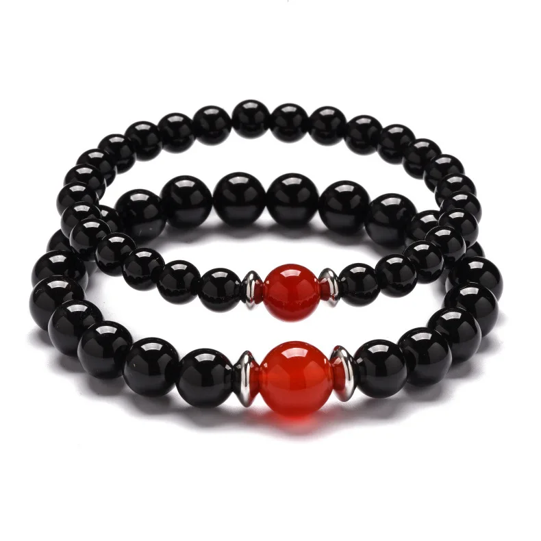 6mm 8mm Natural Black Onyx White Onyx Red Carnelian Agate Stainless Steel Spacer Couple Stone Stretch Bracelet