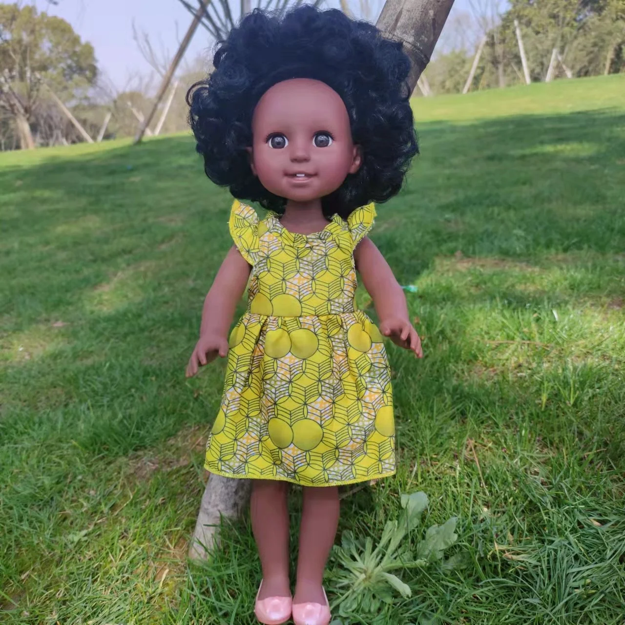 Factory direct sale 15 inch full vinyl can take a bath and dress up curly hair african black doll