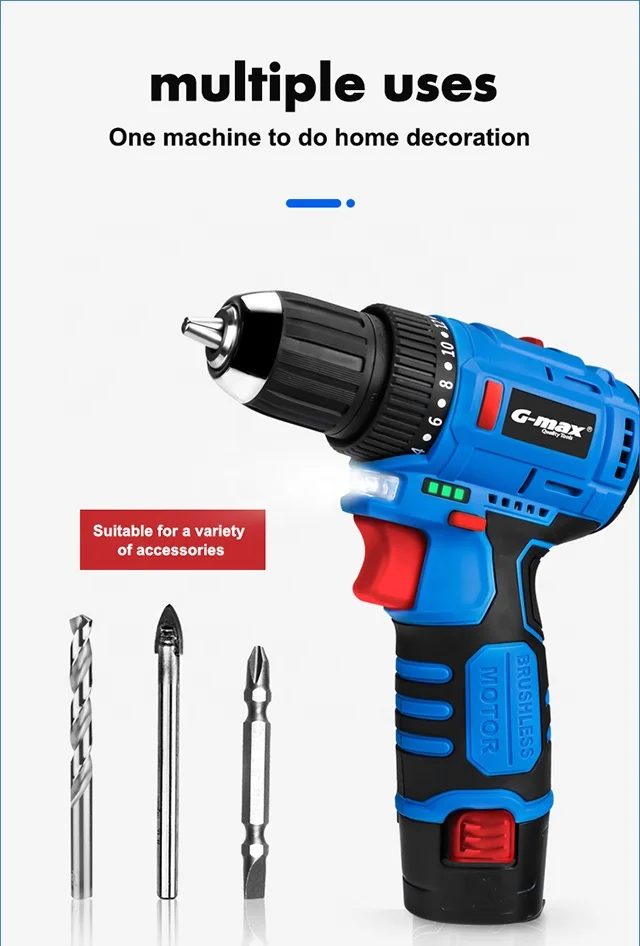 G-max Cordless Machine Power Tools  12V Brushless Motor Rechargeable Drill with LED Lighting