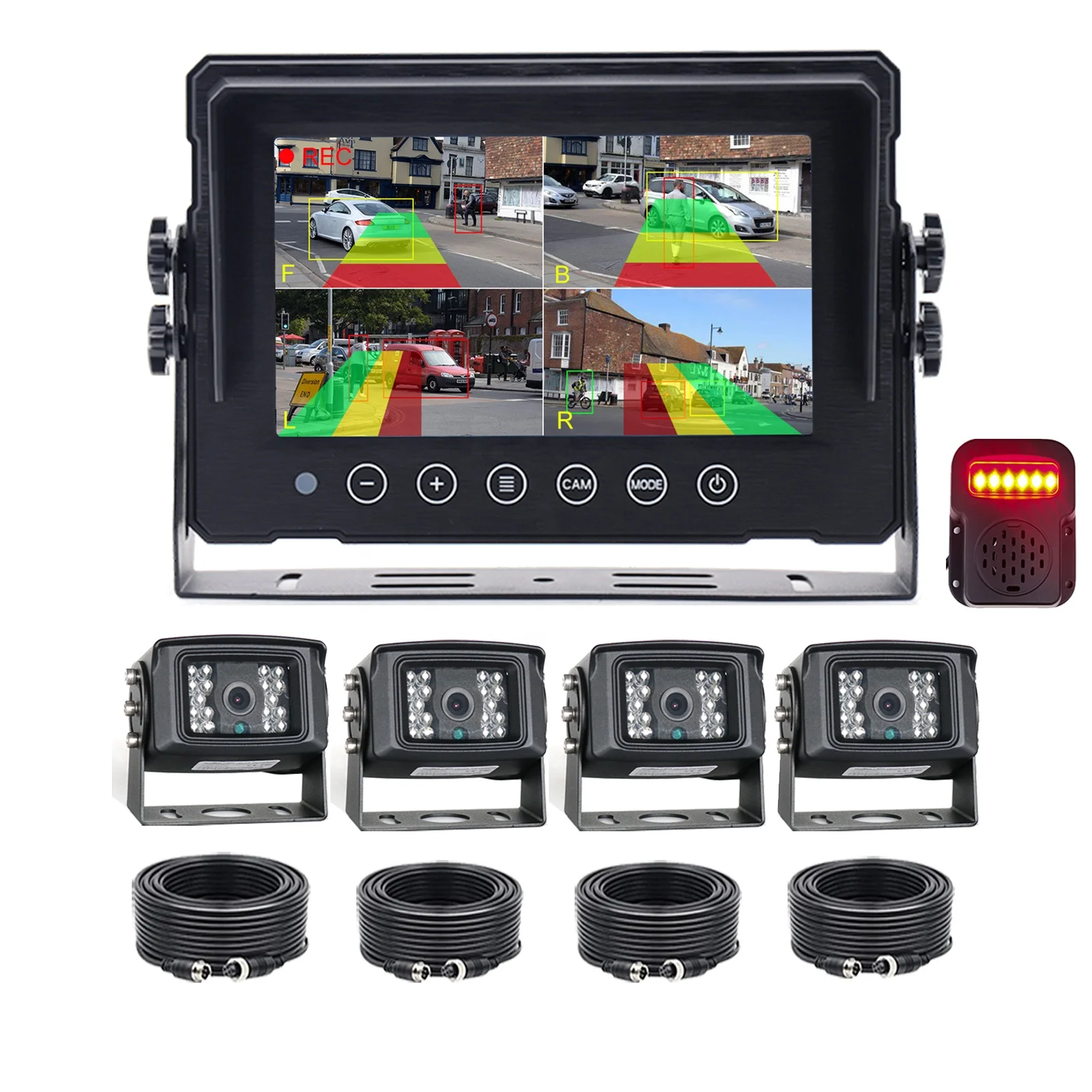 PWAS private mold 7in waterproof IP69 AI BSD spot blind human vehicle detection Quad view Monitor DVR 2MP cameras AI BSD Kit