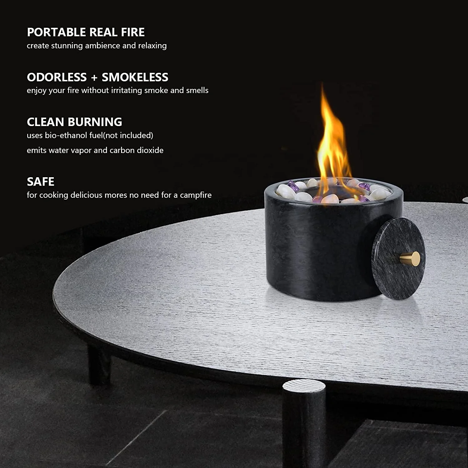 Tabletop Fireplace with Glass Stone Tabletop Fire Pit Bowl Indoor Outdoor with Marble Portable