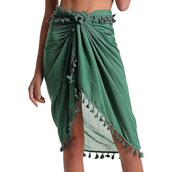 Beach Sarong Pareo Womens Semi-Sheer Swimwear Cover Ups Short Skirt with Tassels