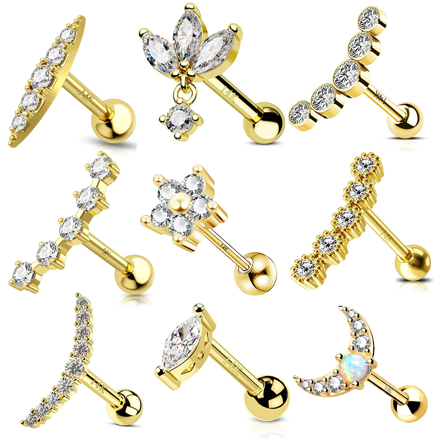 16g CZ Helix Rings Star Conch Piercing Jewelry Helix Stud Moon Helix Earring Crown Tragus Earrings 14K Gold Cartilage Earring