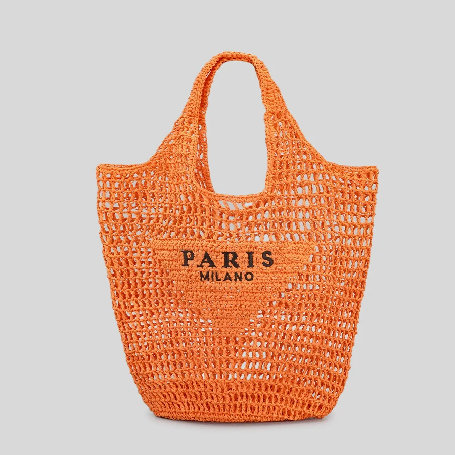 2023 Hand-woven fashion hollow out handbag custom summer mesh straw tote bag paper straw beach bag for women